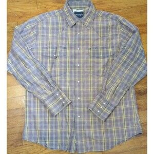 Wrangler Retro Premium Plaid Lavender Yellow Pearl Snap Shirt sz L Cowboy EUC
